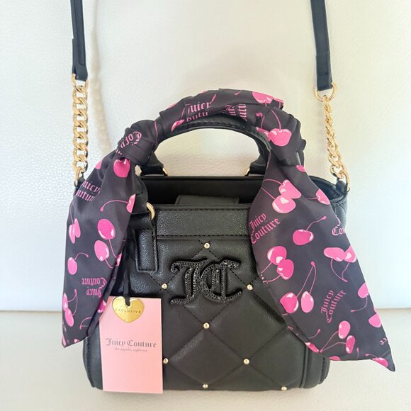NWT JUICY COUTURE HOLDING THE LINE MINI BAG CROSSBODY W CHERRY SCARF BLACK - Picture 1 of 6